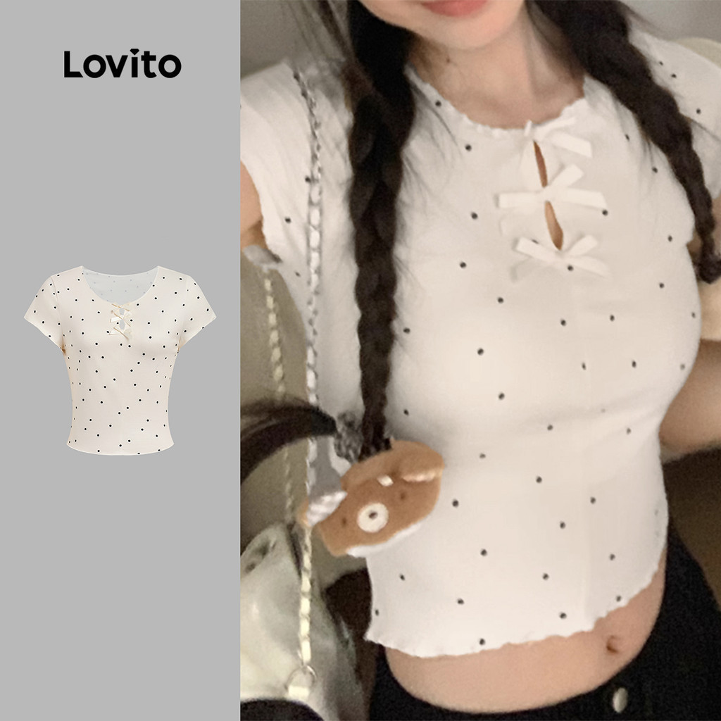 Lovito เสื้อยืดสีแอปริคอต ลายจุด โบว์ ระบาย สำหรับฤดูร้อนและฤดูใบไม้ผลิ WomenL136AD309