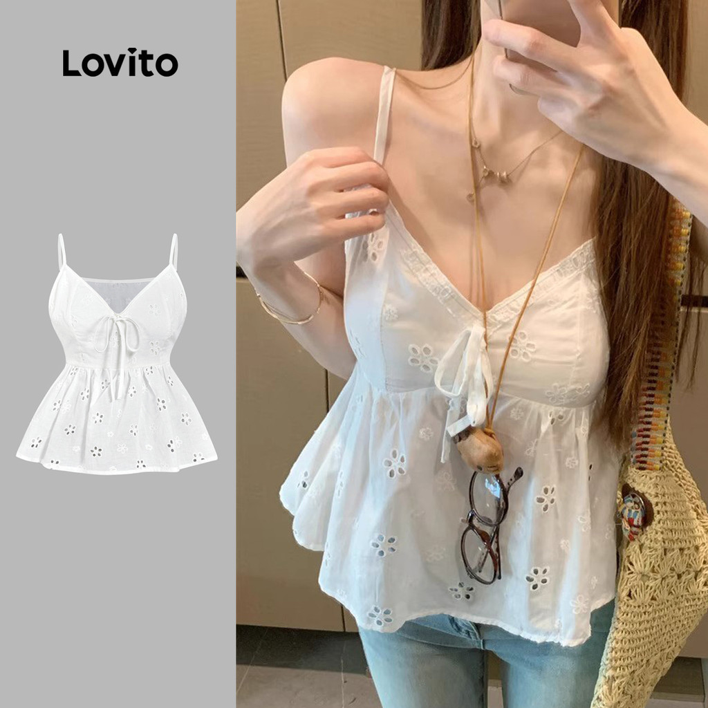 Lovito โบโฮ เสื้อเปิดไหล่ โครงสร้างสายเสื้อแบบสายรัดรูตะขอปักลายดอกไม้ ฤดูใบไม้ผลิ/ฤดูร้อน สีขาว L143ED079