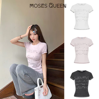 MOSESQUEEN มอสเซควีน เสื้อยืดแขนสั้นพิมพ์ลายตัวอักษรสไตล์อเมริกันดีไซน์คอกลมเข้ารูปเหมาะกับผู้ชาย #63748