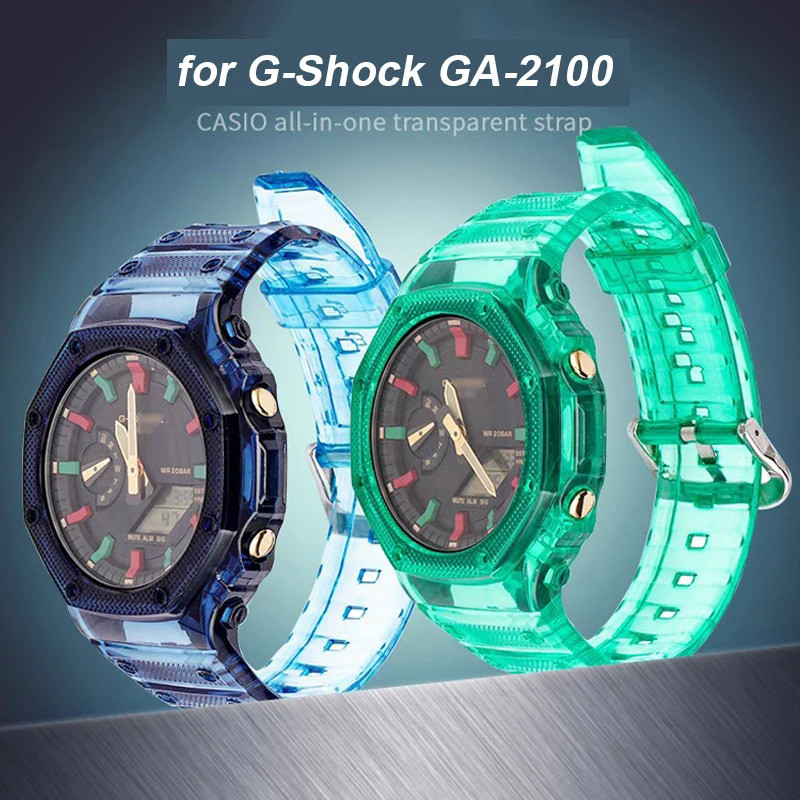 สายคล้องสําหรับ Casio G-Shock GA-2100 ผู้ชายผู้หญิงเปลี่ยน TPU เรซิ่นยางโปร่งใส Gradient Band นาฬิกา