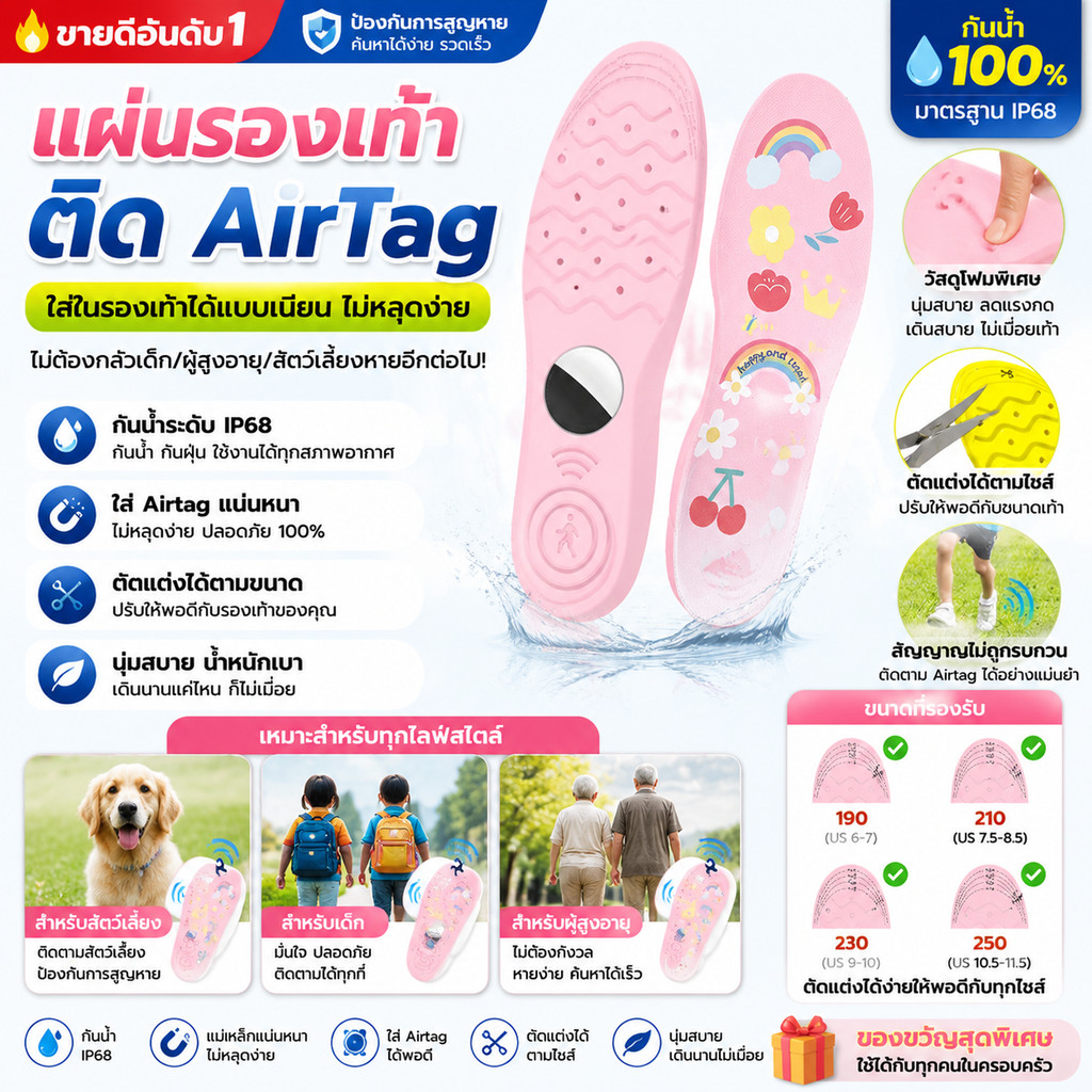 Airtag ฝาครอบป้องกัน Insoles สําหรับเด็กและอาวุโส Airtag แทรกรองเท้าที่แนบมาสบายสําหรับรองเท้าสําหรับเด็ก 2025