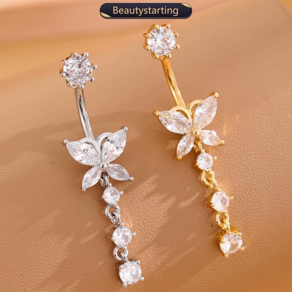 BEAUTYSTARTING Gold Tone สแตนเลสสตีล Belly ปุ่มแหวนดอกไม้ CZ คริสตัล Dangle สะดือแหวน Barbell เจาะเค