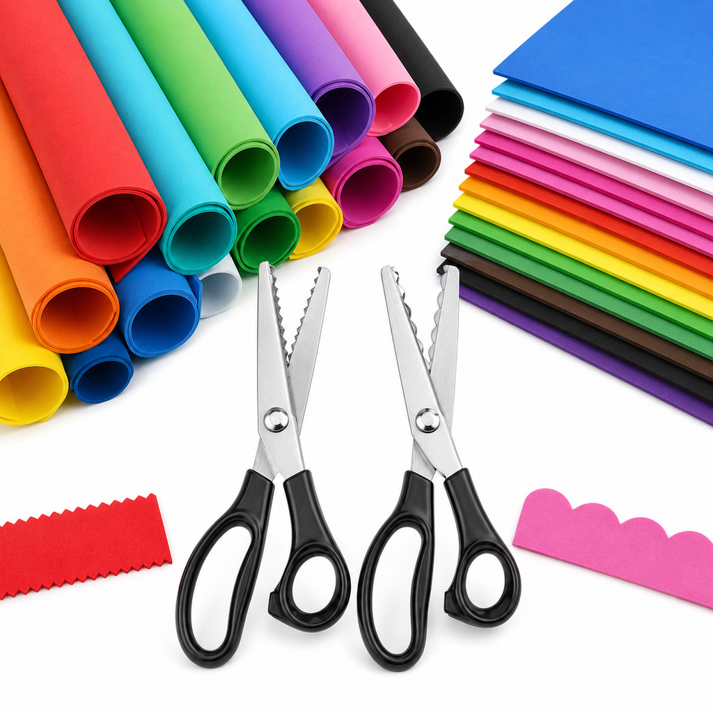 Colorful EVA Foam Sheets (50x50/50x90cm) & Zig Zag Sewing Scissors, 1mm 2mm Thick DIY Craft Foam Set