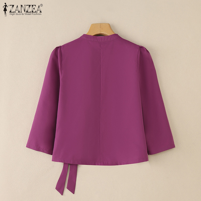 ZANZEA เสื้อเบลาส์แฟชั่นสตรี สีทึบ คอวี แขน 3/4 ขอบระบายและสายคาด — صورة 8