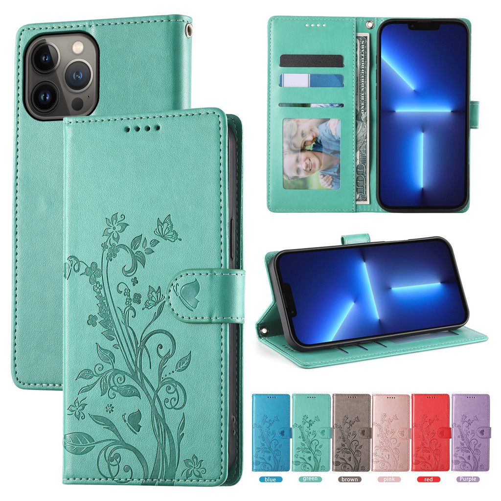 เคสไอโฟน Case for iPhone 17 Air 17e 16e 16 15 Pro Max 14 Plus เคสโทรศัพท์หนังฝาพับพร้อมช่องใส่บัตรสําหรับ Butterfly Flower PU Leather Flip Cover Wallet With Card Slots Soft TPU Shell Hand Strap ซองมือถือ DF15