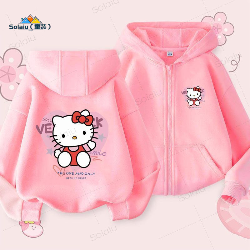 แจ็คเก็ต Hello Kitty สไตล์แฟชั่นบางเบา มีซิปและฮู้ด เหมาะสำหรับทุกโอกาส ใส่ได้ในฤดูใบไม้ผลิและฤดูใบไม้ร่วง