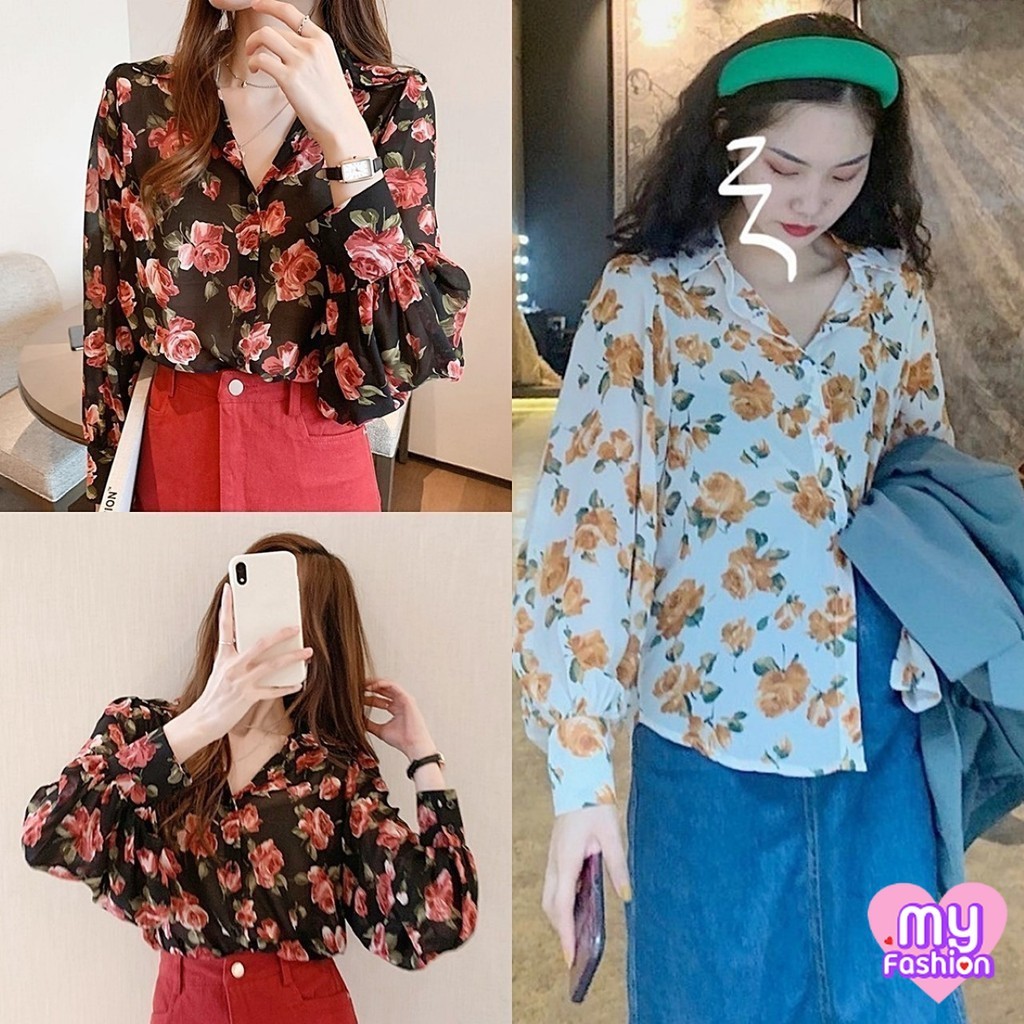 สต็อกไทย❌FF เสื้อเชิ้ตแขนยาว ผ้าชีฟองบางเบา ลายดอกกุหลาบ 2 สี แขนจั๊มมีกระดุม