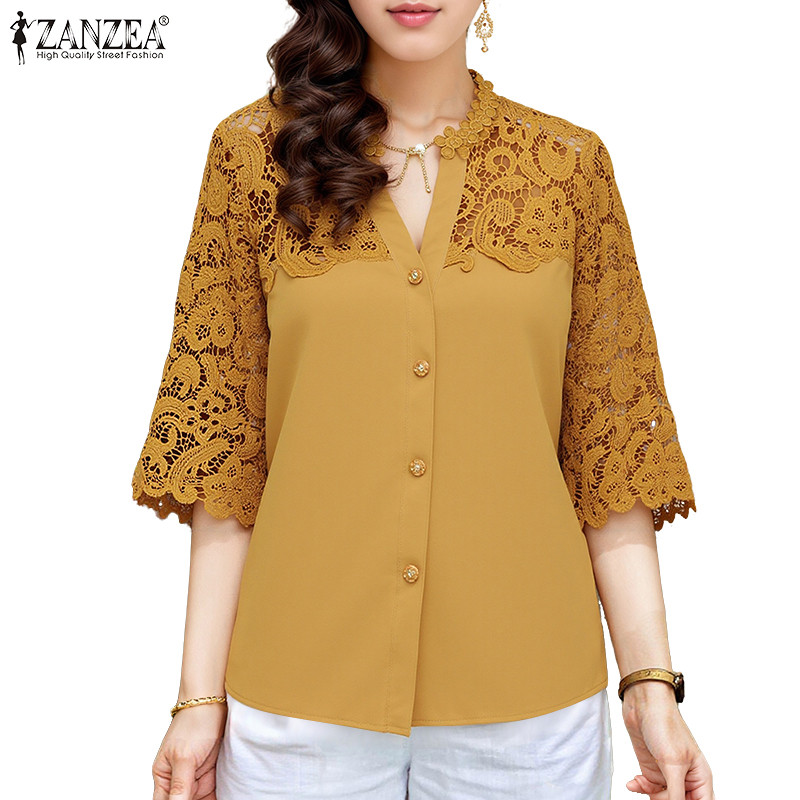 ซานเซีย ZANZEA สไตล์เกาหลี คอวีแขนครึ่งยาว ลวดลายลูกไม้ เสื้อผ้าสำหรับผู้หญิง