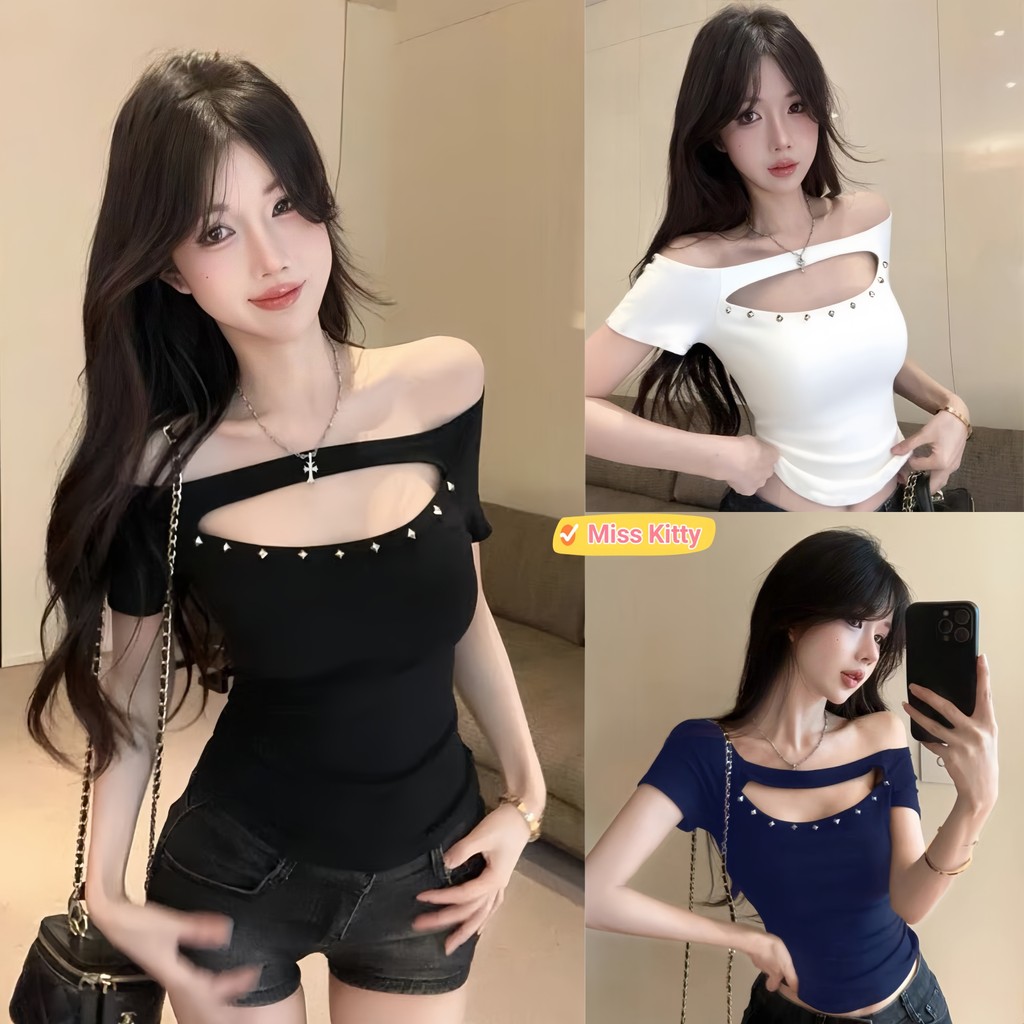 พร้อมส่ง เสื้อครอป เสื้อครอป เปิดไหล่ ผ้ายืด สไตล์เกาหลี เซ็กซี่  "FY8710"🎀Miss Kitty❤️