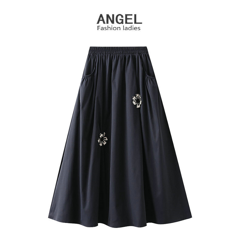 กระโปรง midi A-line สำหรับผู้หญิง ทรงเอวสูงยืดหยุ่น ปักลายดอกไม้ สีดำ หลายขนาดให้เลือก