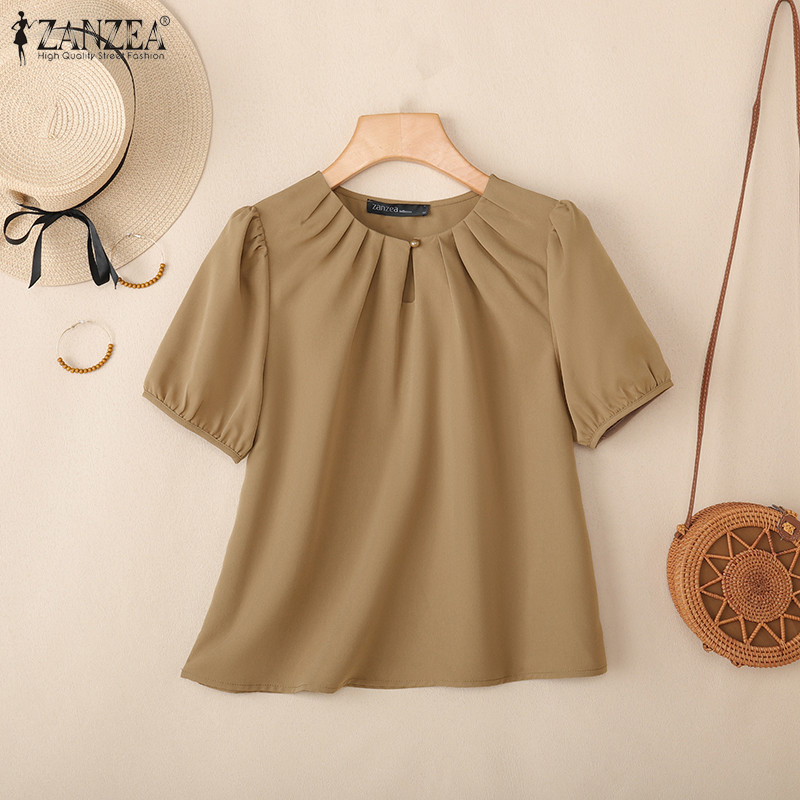 ZANZEA สไตล์เกาหลีสำหรับผู้หญิง คอปอมแขนสั้น เสื้อลายคราม pleated neckline — صورة 5