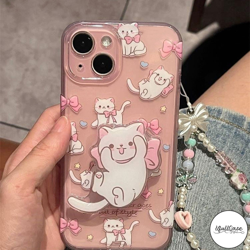 เคสไอโฟน16สำหรับ IPhone 11 12 15 13 16 14 Pro Max XS X XR Max 16 15 7 8 Plusลูกแมวสีขาวหวานรักหัวใจโซ่ดาวครอบคลุมชัดเจน