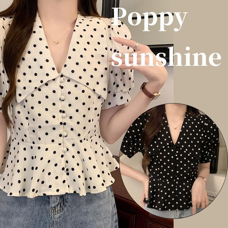 เสื้อเชิ้ตแขนพองคอปกตุ๊กตาลายจุดฤดูร้อนปี 2025 สำหรับผู้หญิง99139
