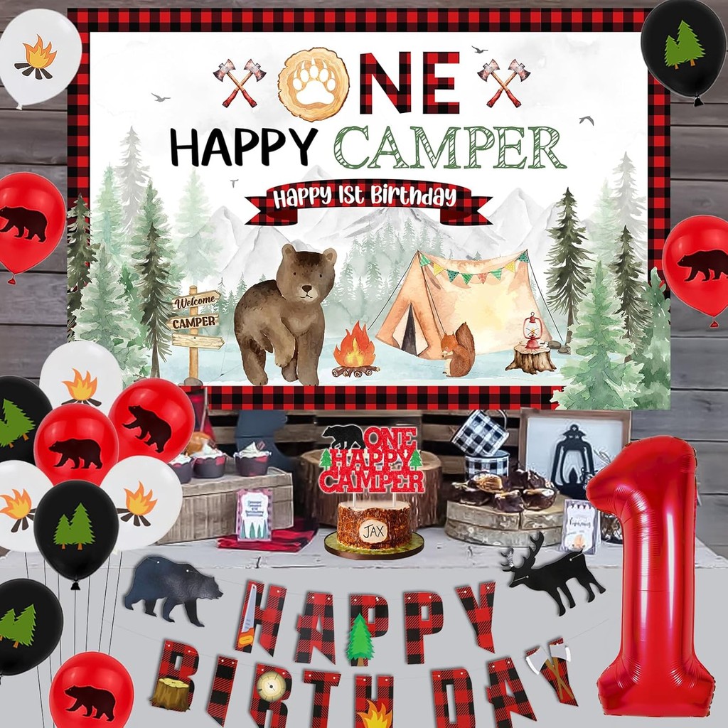 One Happy Camper วันเกิดตกแต่ง Boys, Camping 1st วันเกิดฉากหลังเค้ก Topper หนึ่งเก้าอี้สูงแบนเนอร์ L
