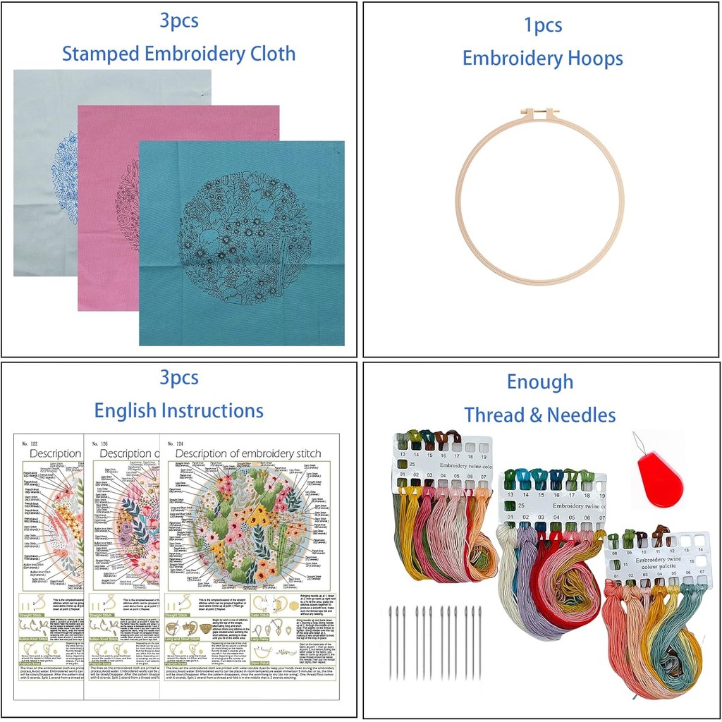 ชุดเย็บปักถักร้อยดอกไม้ 3 ชิ้นอัจฉริยะสําหรับมือใหม่, ชุดฝึกเย็บปักถักร้อยสําหรับผู้ใหญ่พร้อมห่วง, ช