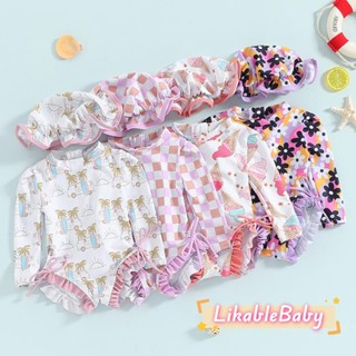 เด็กทารกผื่นยามแขนยาวดอกไม้/ไอศกรีมพิมพ์ชุดว่ายน้ําพร้อมหมวก…