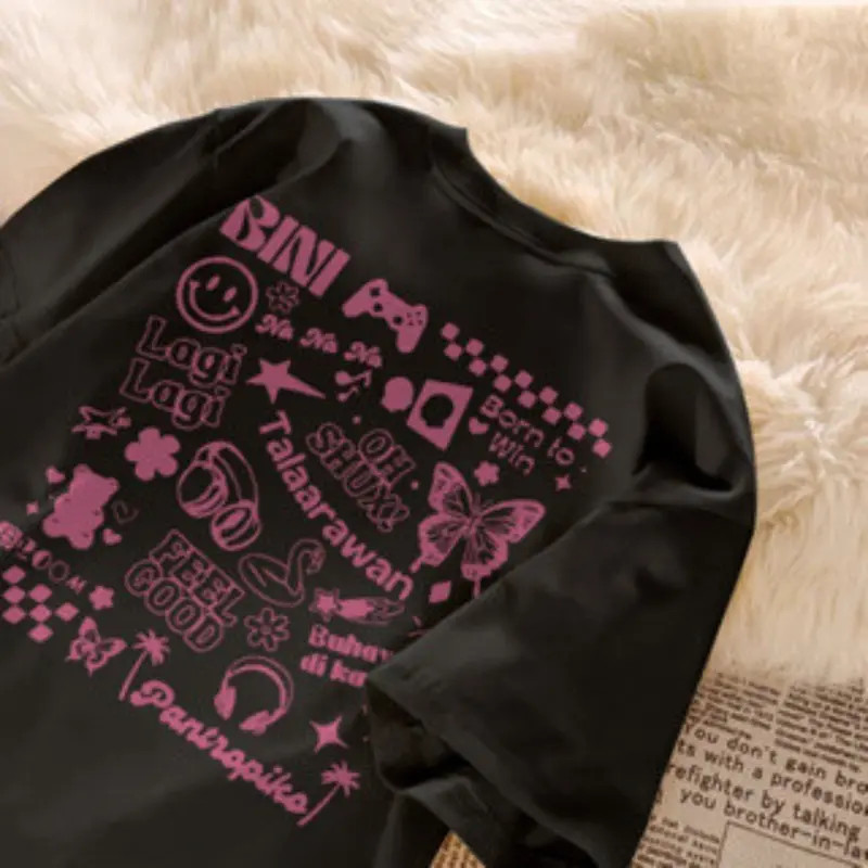 SISI เสื้อยืด เสื้อผ้าผู้หญิง ทรงหลวม ลายสีชมพู Bini โอเวอร์ไซส์ แฟชั่น เสื้อย้อนยุค น้ำหนักเบา ผ้าฝ้าย 100% 220G