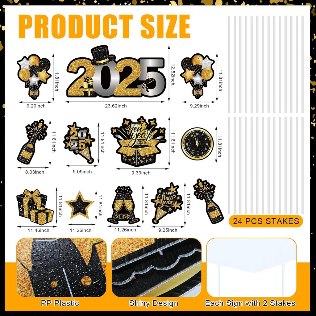 12 ชิ้น 2025 สวัสดีปีใหม่ป้ายลานทองสีดําตกแต่งกลางแจ้งวันส่งท้ายปีเก่าป้ายสนามหญ้ากับแซงนาฬิกาบอลลูน
