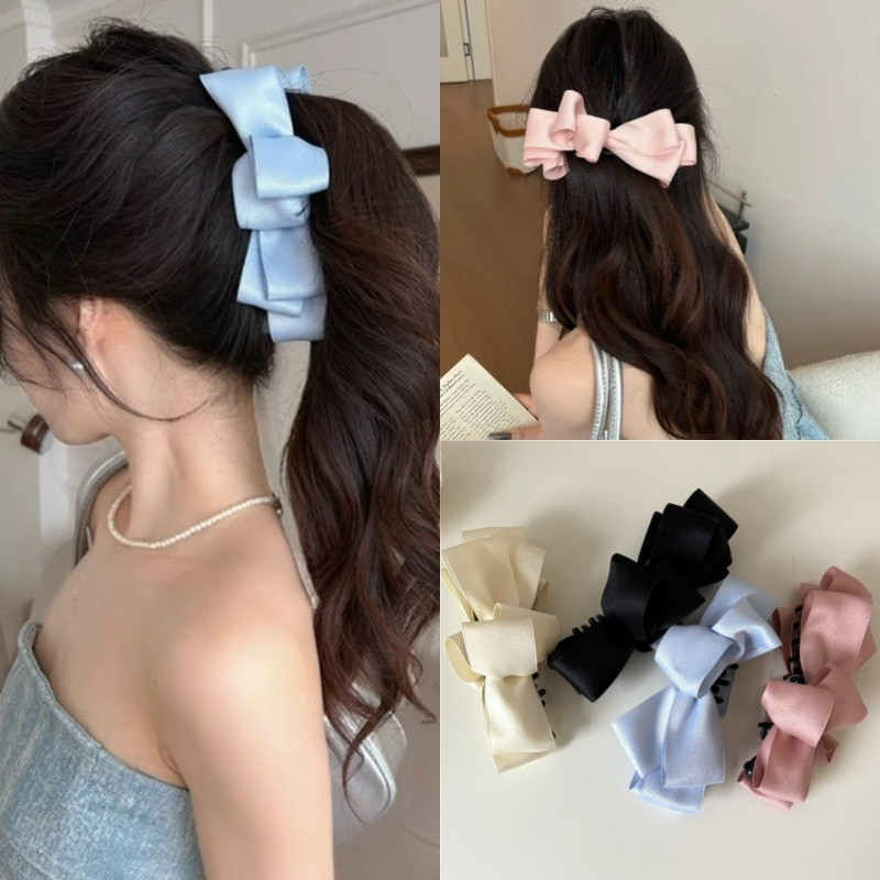 แฟชั่นกิ๊บรัดผมหางม้า หลายชั้น โบว์หรูหรา สไตล์แซทินสำหรับผู้หญิง