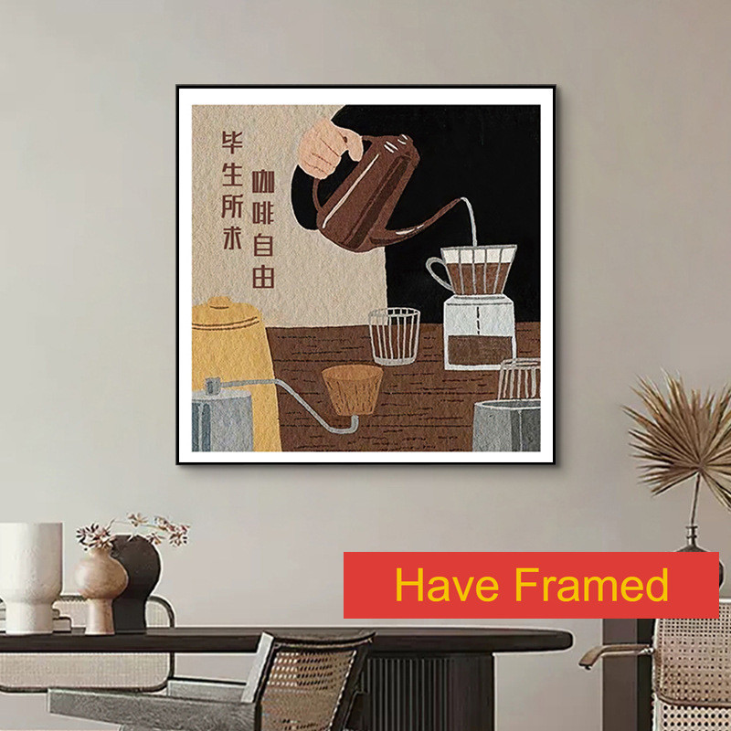 (มีกรอบ) Nordic Retro Coffee Shop ภาพวาดแขวนร้านกาแฟเครื่องดื่ม Shop ภาพวาดตกแต่งเคาน์เตอร์บาร์ร้านอาหารตกแต่งผนังภาพวาดผ้าใบ