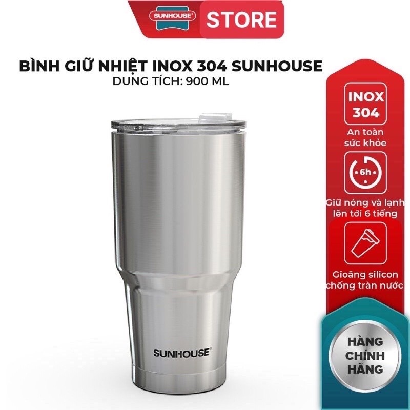 [แถมกระเป๋า+หลอด] SUNHOUSE 900ML 304 แก้วเก็บความร้อนสแตนเลส KS-TU900I...แก้วเก็บความร้อนสแตนเลส 900