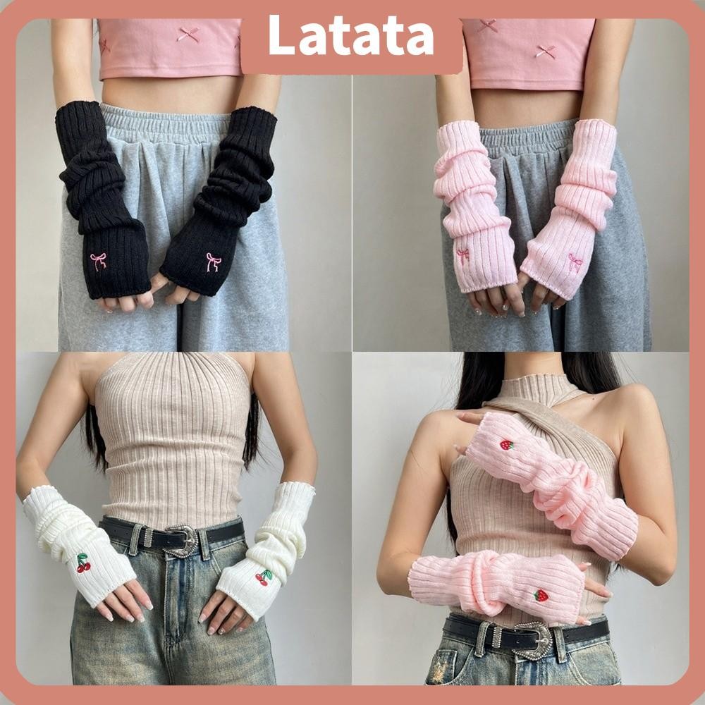 ปลอกแขนอุ่นและถุงมือไร้นิ้วยาว ดีไซน์โบว์เชอร์รี่สตรอเบอร์รี่ เหมาะสำหรับฤดูหนาว