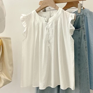 🌻Grace🌻 เสื้อแฟชั่นผู้หญิงไม่ต้องรีด เสื้อเชิ้ตคอกลมแขนกุด สีพื้น ตกแต่งกระดุม เสื้อครอปน่ารักๆสไตล์คุณหนู W641