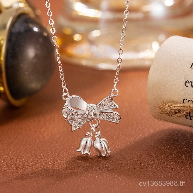 Bowknot สําหรับแฟน S999 สร้อยคอหญิงของขวัญวันเกิด Super Source Pure Silver Lily of the Valley แฟนเงิ