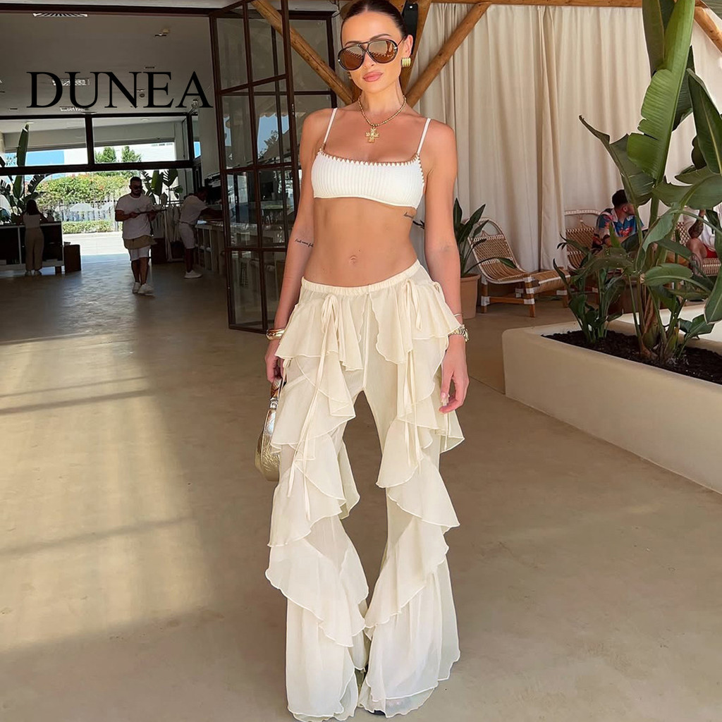 DUNEA Straps Splicing Ruffle Pants