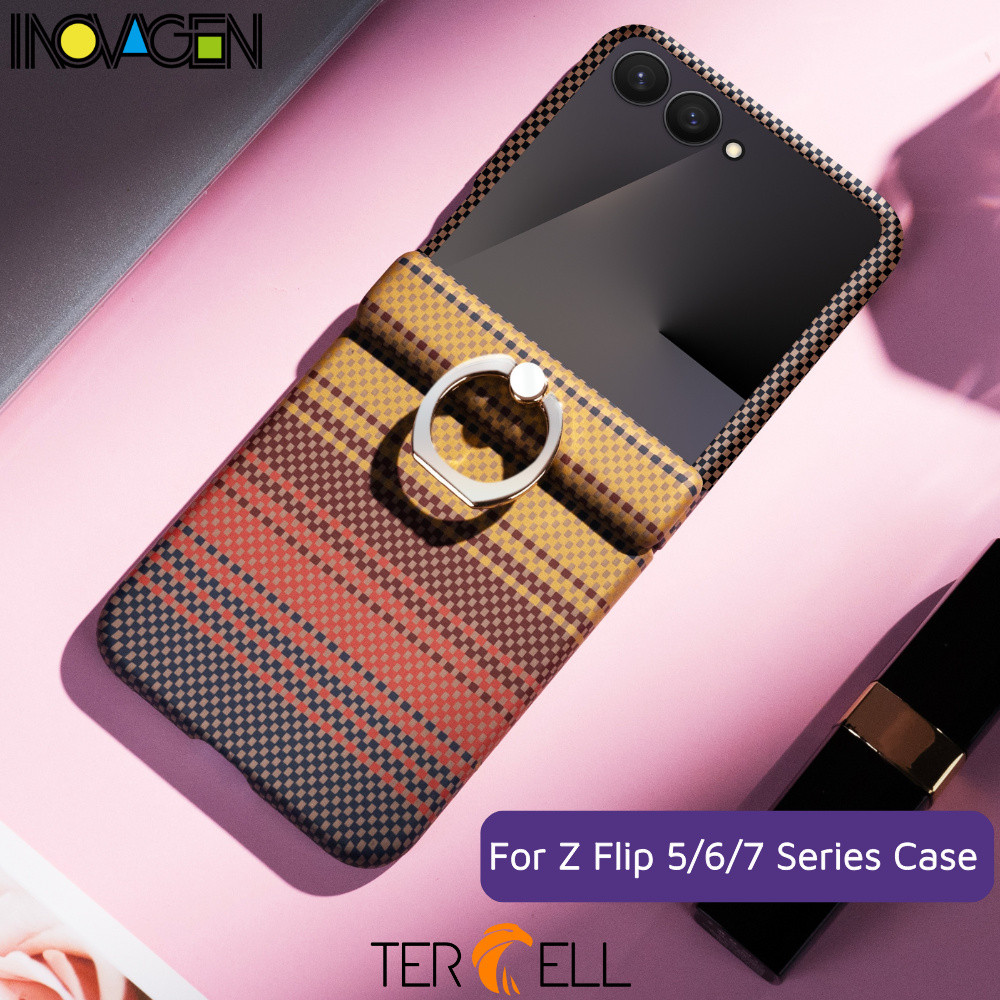 SAMSUNG INOVAGEN เคสโทรศัพท์แม่เหล็กพร้อมกริ๊ปแหวน,พร้อมกระจกป้องกันสําหรับSamsung Galaxy Z Flip 7 6 5 พื้นผิวคาร์บอนไฟเบอร์,รองรับการชาร์จไร้สาย,Z Flip 7 ฝาครอบโทรศัพท์