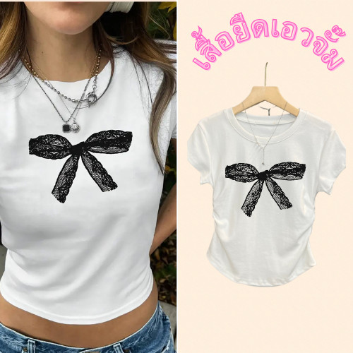 เสื้อยืดคอกลม ทรงสลิมฟิต ใส่เที่ยวชิวๆวันหยุด ลายโบว์น่ารักๆ ใส่สบายระบายอากาสได้ดี