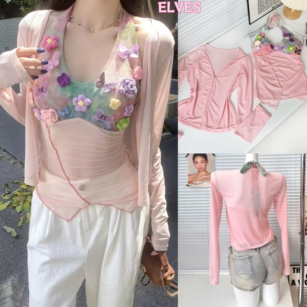 Elves พร้อมส่ง💟กล้าม/เสื้อคลุมแขนยาว ดีเทลสีชมพูซีทรูบางเบา ลายดอกไม้ สลิง + คาร์ดิแกนสองชิ้น ใส่สบาย(FY947/FY951)