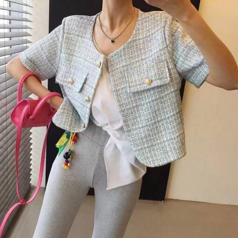 💖  Blue Blazer ส่งไวจากไทย 💖  เบลเซอร์ ผู้หญิง ผ้าทวิต แขนยาว สไตล์คุณหนู ขนาดใหญ่ เสื้อคลุม แขนสั้น มีซับในตัว XXL