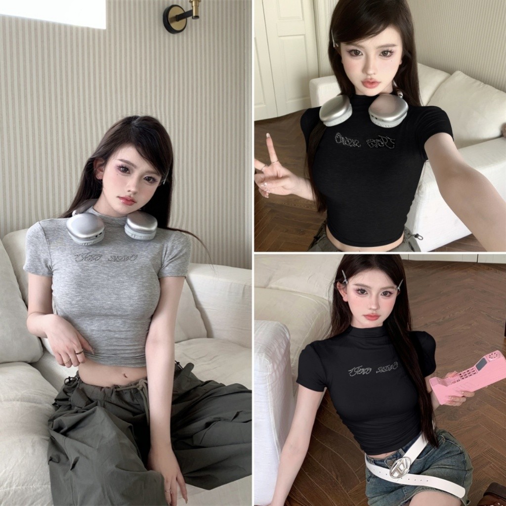 Bella shop เสื้อยืดสวยๆผู้หญิง เสื้อยืดคอเต่าครอปสลิม สีพื้น แขนสั้น ดีไซน์ประดับเพชร เซ็กซี่ สไตล์เกาหลีเรียบง่าย
