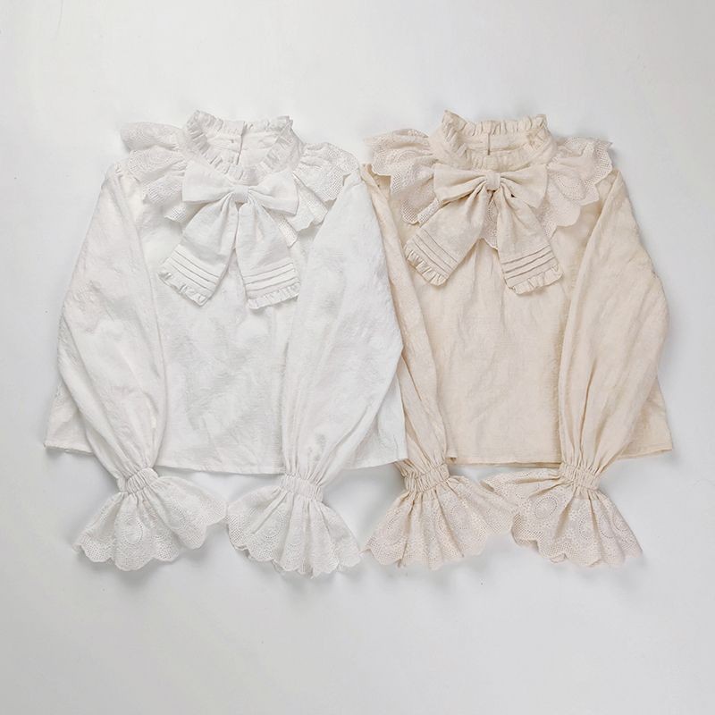 เสื้อลอนแกะแขนยาวสำหรับทุกวัน สไตล์โลลิต้า สีขาวและแอปริคอท จากผ้าฝ้ายนุ่มๆ