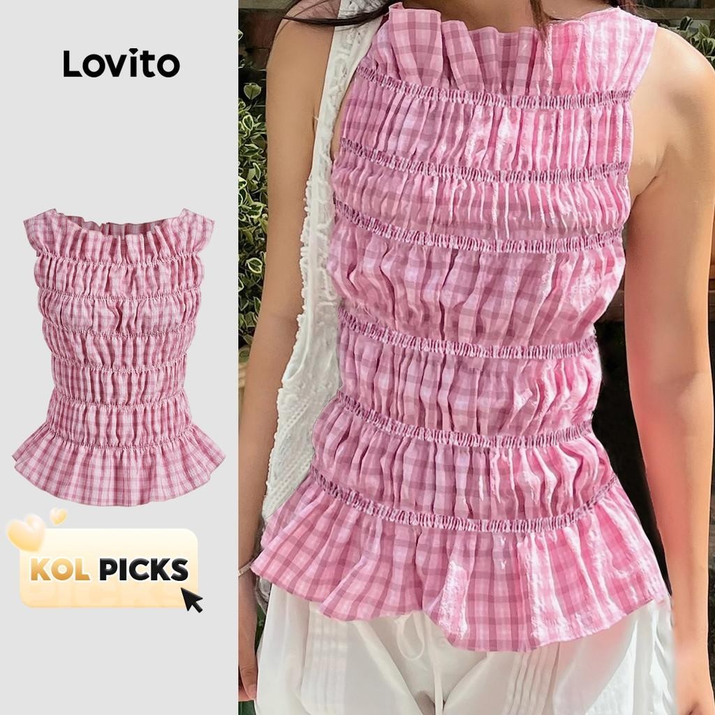 (KOL‘s pick) Lovito เสื้อกล้ามสม็อคลายตารางน่ารักสําหรับผู้หญิง L125AD139