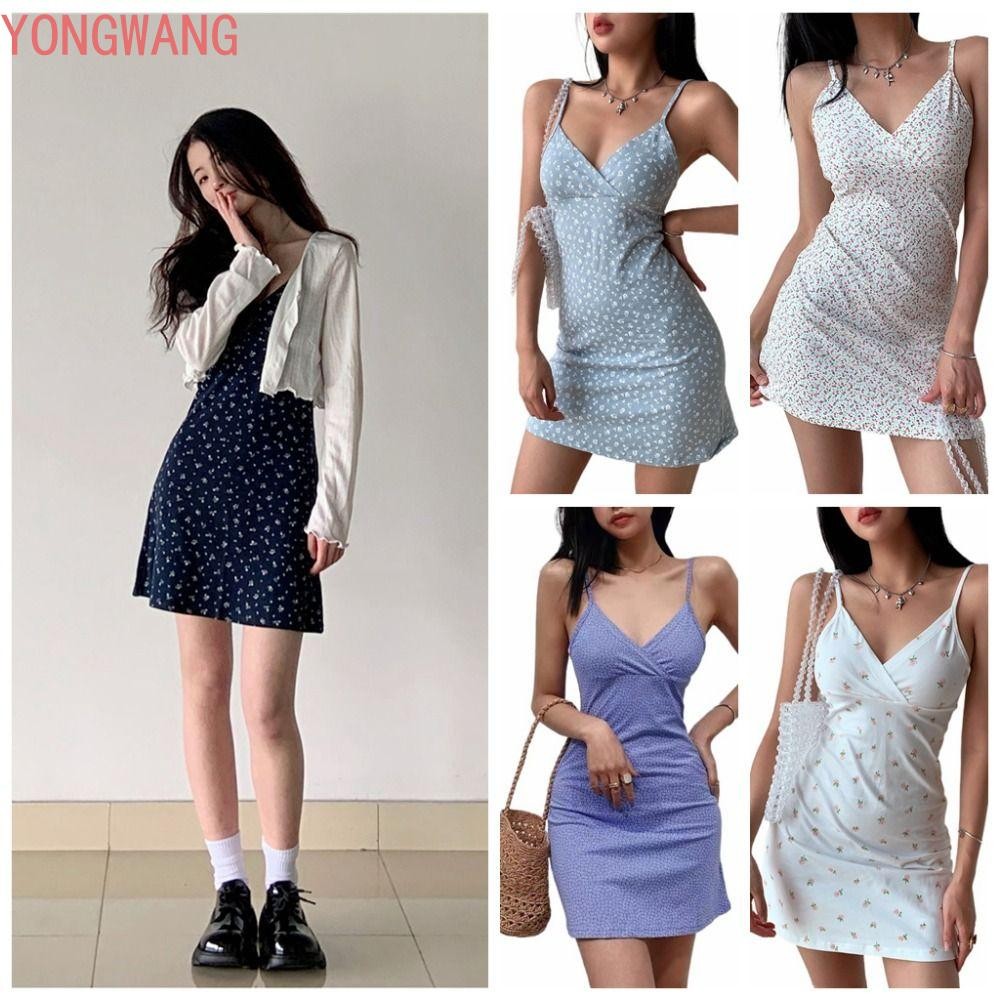 YONGWANG66ZX V คอ Halter ดอกไม้กระโปรง,เกาหลีดอกไม้พิมพ์ Vintage ดอกไม้ Mini Dress, Halter แขนสั้นชุ
