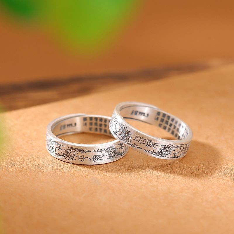 New Product#S999.9Pure Silver Vintage Distressed Tang Grass Pattern Peace and Joy Ring New Chinese S