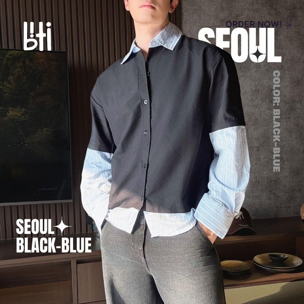 เสื้อ KEMEJA BITI Seoul | เสื้อเชิ้ตลายทางสีดําแขนยาว 2-ใน-1 สําหรับผู้ชาย