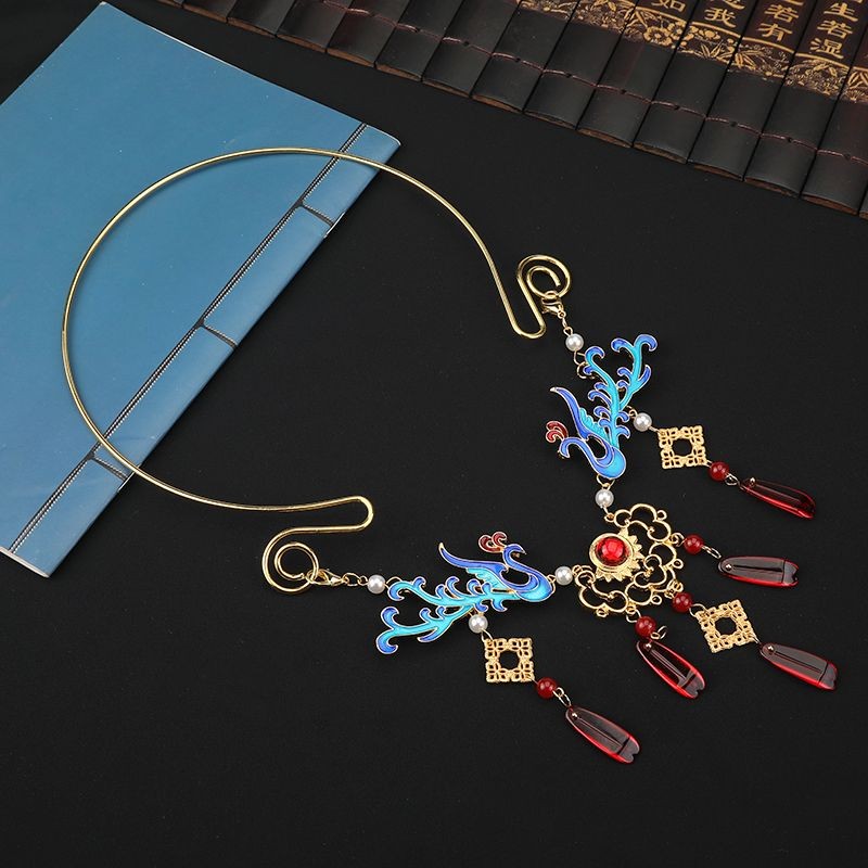 T Classy/โบราณอุปกรณ์เสริมสร้อยคอ Pearl Yingluo Burnt Blue Collar จีนภูมิทัศน์ Cloisonne อุปกรณ์เสริ