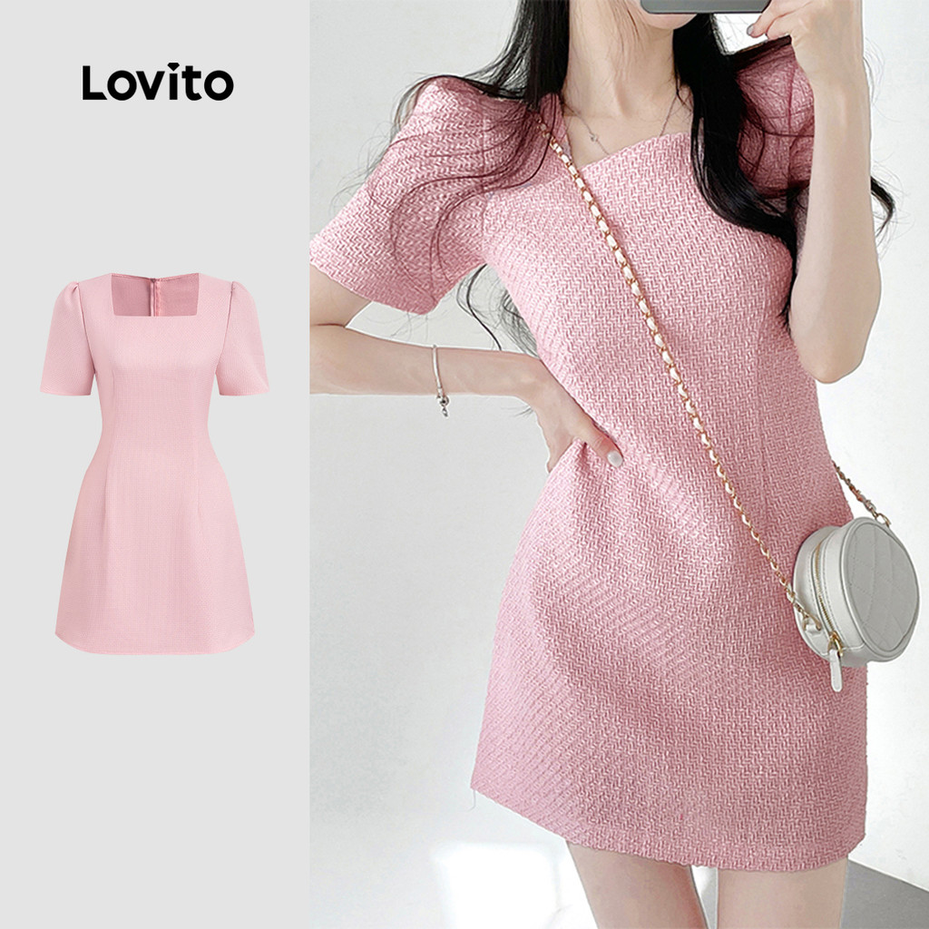 (NEW) Lovito ชุดเดรสเรียบหรู เดินทางง่าย ฤดูใบไม้ผลิ/ฤดูร้อน ชุดเดรสสีชมพู L155ED1527