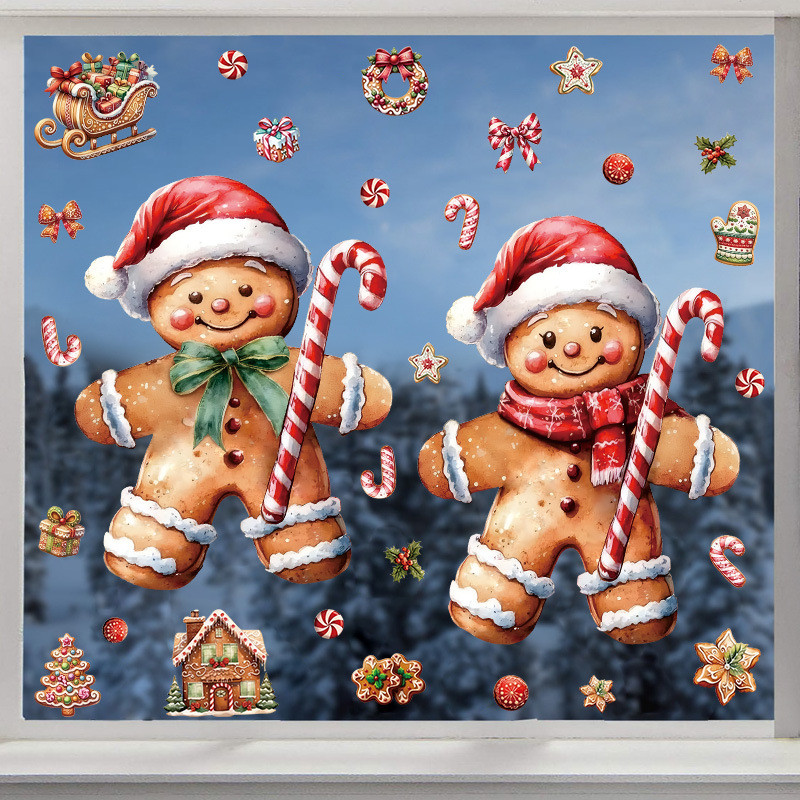 [คลังสินค้าพร้อม] คริสต์มาส Gingerbread Man ตกแต่งหน้าต่างสติกเกอร์หน้าต่าง Candy House Holiday Part