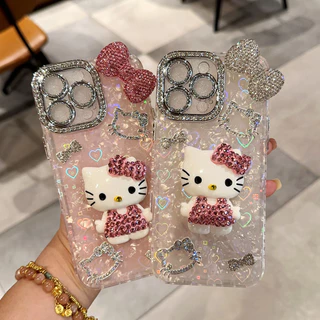 IMD รูปแบบเลเซอร์เคสโทรศัพท์สําหรับ iPhone 17 15 16 14 13 11 12 Pro Max แฟชั่น Kitty Cat Bow Diamonds ฝาครอบป้องกัน