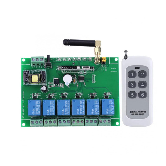 433MHZ 6-Circuit Relay Module RF Relay Board 110-240V พร้อมสวิตช์ควบคุมระยะไกล
