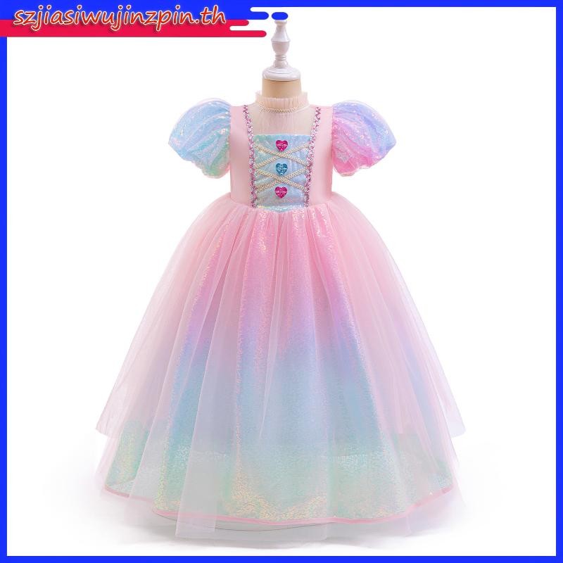 Mqatz สีชมพูสาวคอสเพลย์ชุดแขนสั้นเด็กเครื่องแต่งกายลูกไม้วันเกิดชุดเจ้าหญิงพรรค ASMR092