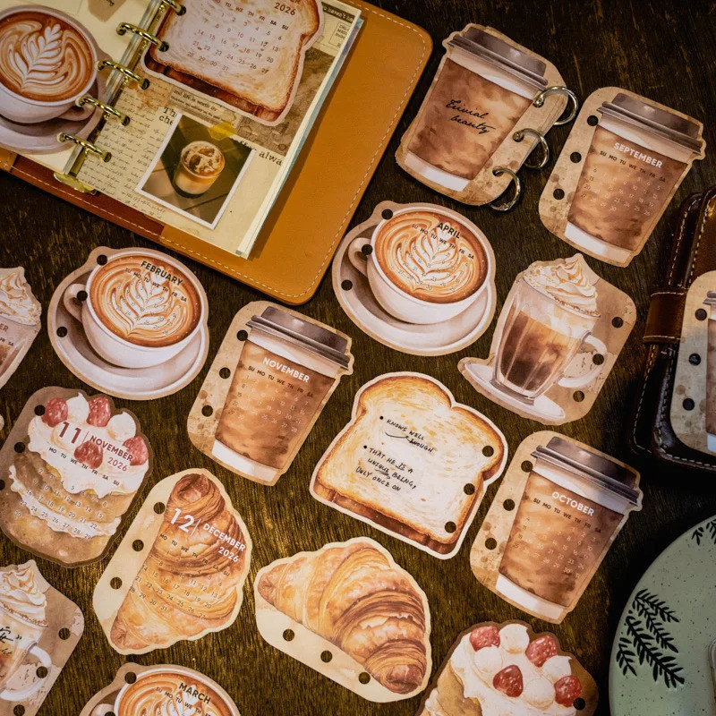 Journal GO 12 แผ่น 365 วันกาแฟและขนมปัง Vintage เค้กปฏิทิน 2026 Collage Memo Pad Creative DIY Planne