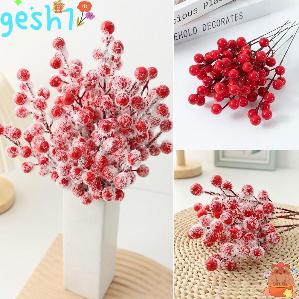 GESH1 10 ชิ้น Red Berries สาขา, สีแดงกับ Frost Christmas Berry สาขา, Party Supplies การจัดดอกไม้ DIY
