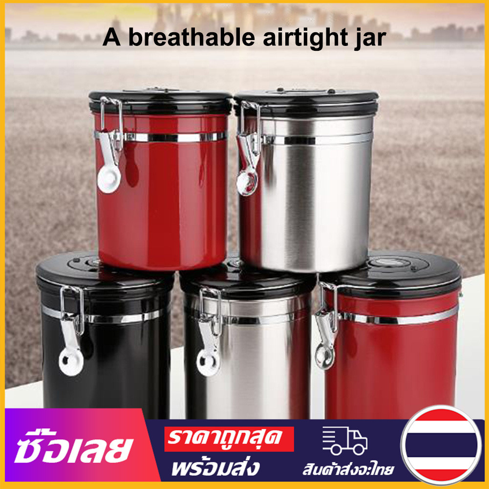 The JBK Shop 789 [Mr. Jam] 1.8L 304 ถังสแตนเลสปิดผนึกพร้อมถังเก็บวาล์วไอเสียสำหรับเมล็ดกาแฟ, นมผง, ช