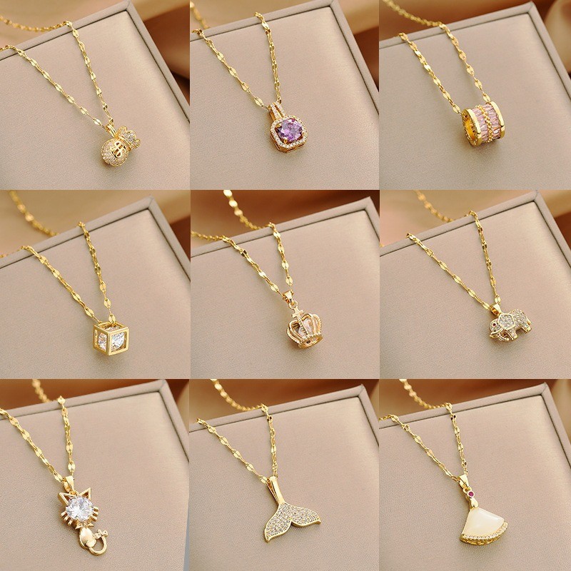 เวอร์ชั่นเกาหลี Golden Luxury Diamond-Studded สร้อยคอเหล็กไทเทเนียมแฟชั่นเอวเล็ก H จี้ Influencer High-End Clavic