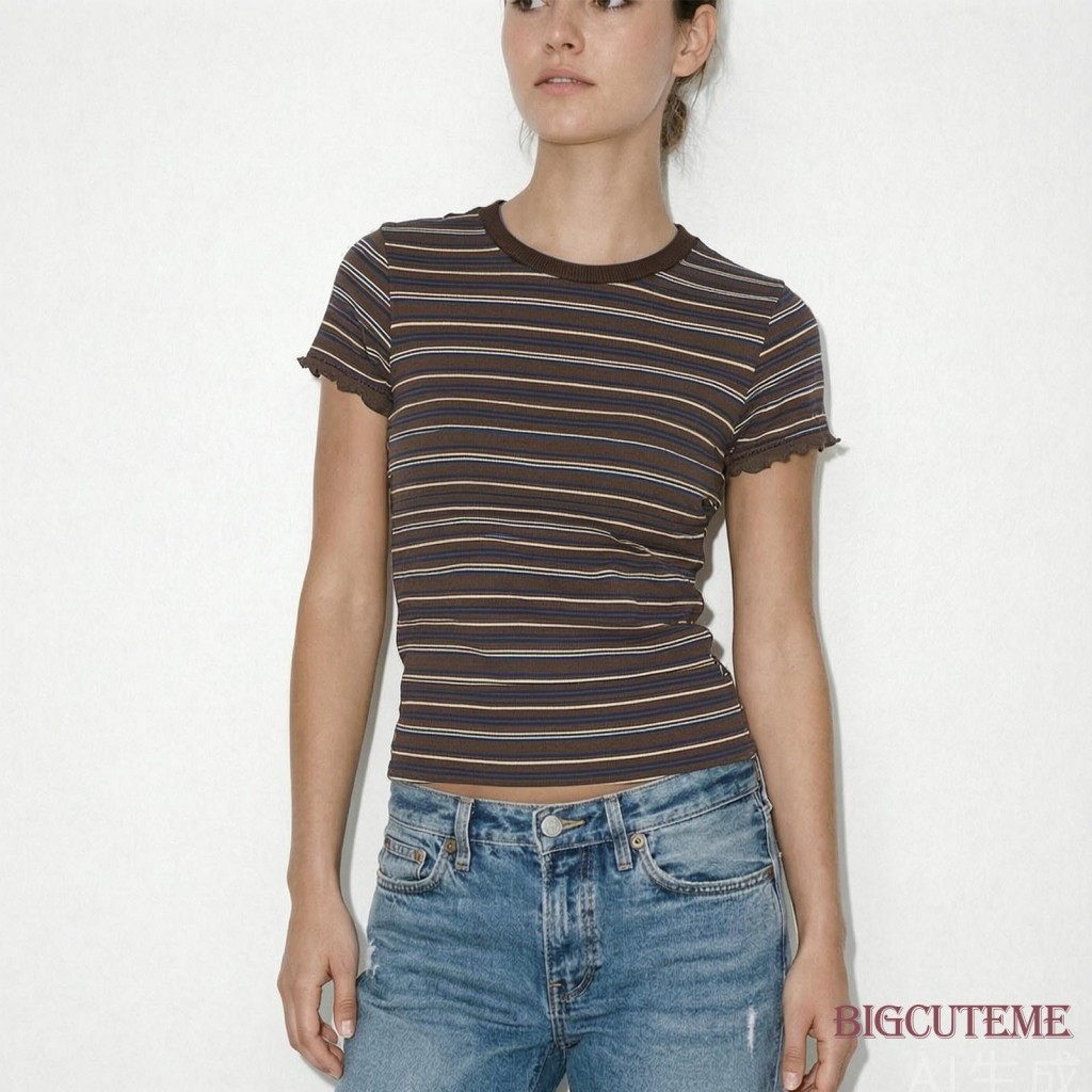 []~ เสื้อยืดผู้หญิง Retro Striped Baby Tee Crew Neck Lettuce Edge Short Sleeve Slim Fit Casual Top f